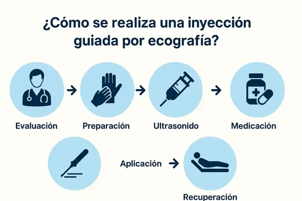 Pasos del procedimiento de inyección guiada por ecografía en Global Clinics Palma, visualizados con iconos médicos claros