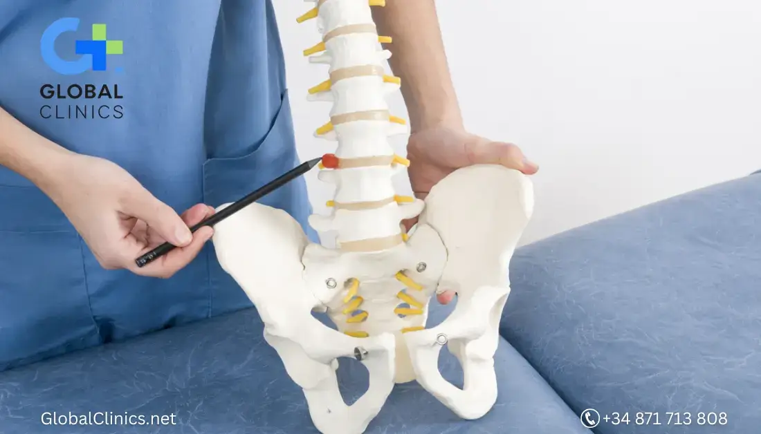 Modelo anatómico de columna lumbar mostrando hernia discal explicado por fisioterapeuta en Global Clinics Palma