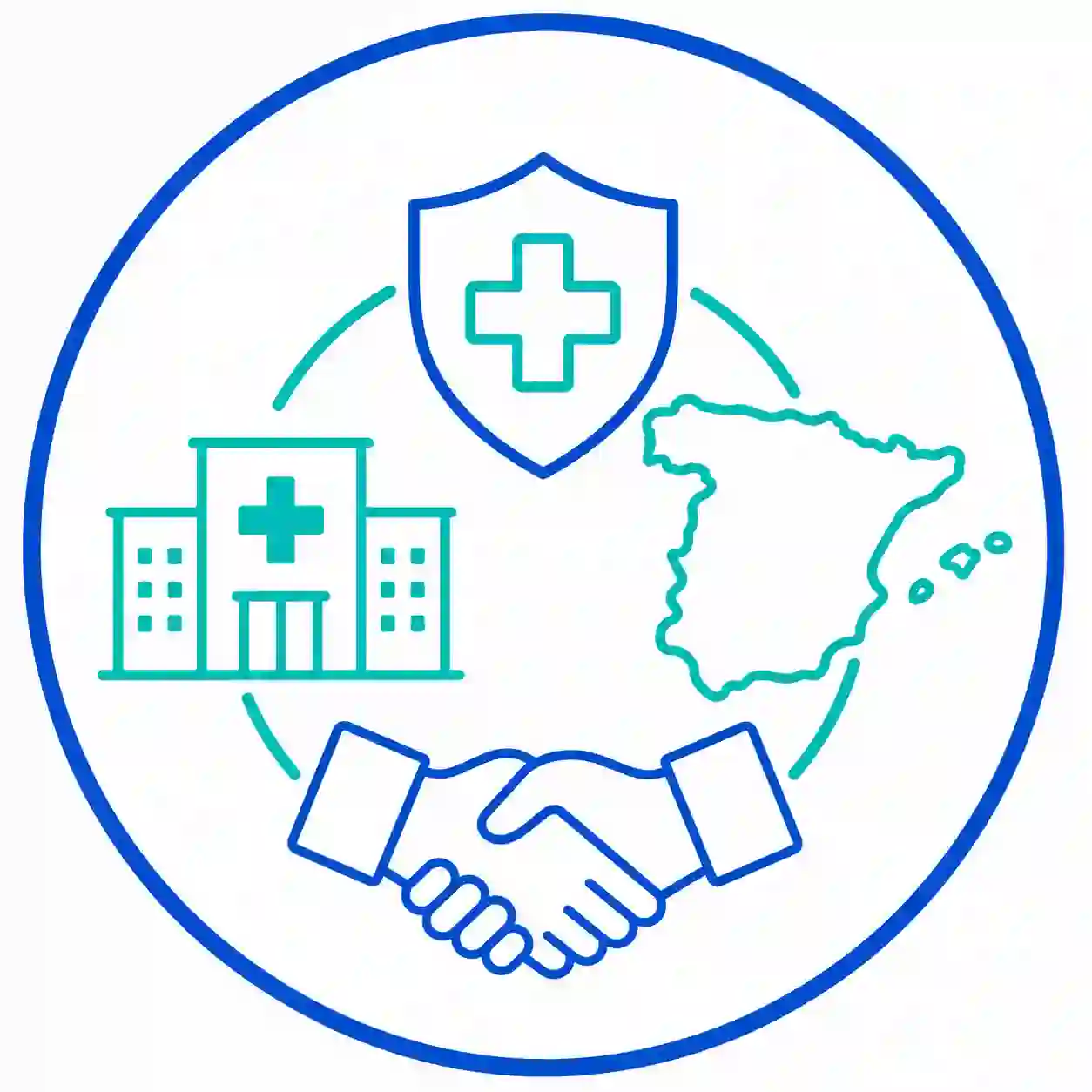 Ilustración vectorial que representa la afiliación a instituciones sanitarias de España mediante un hospital, un escudo médico, un acuerdo de colaboración y el mapa de España.
