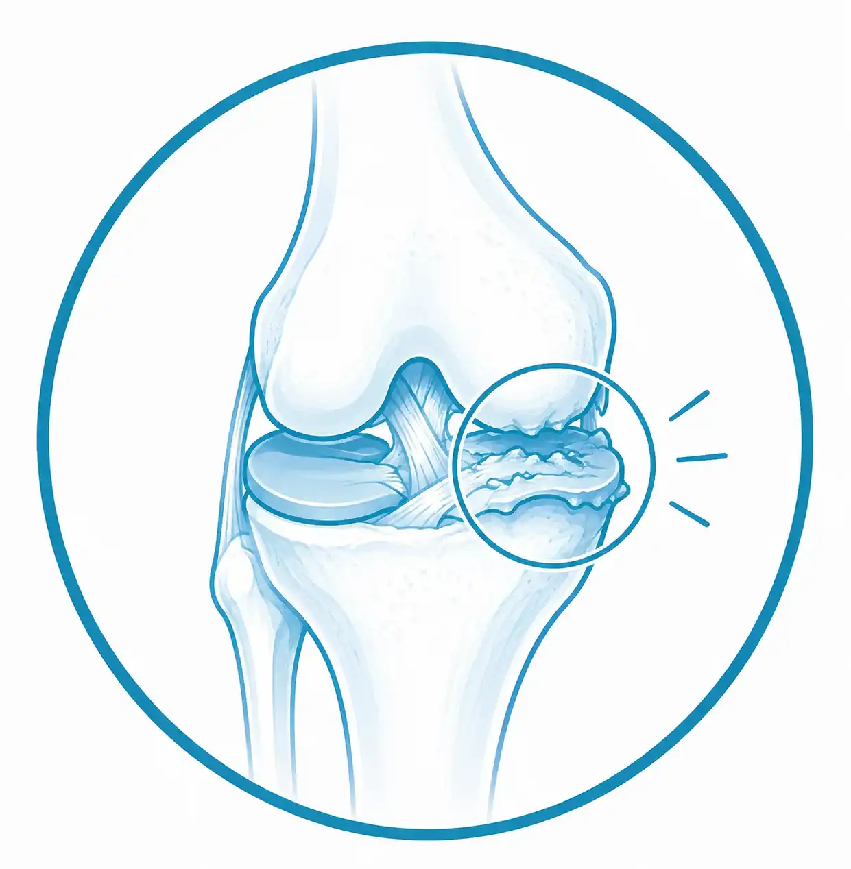 Ilustración médica en tonos azules de una articulación de la rodilla con artrosis y degeneración del cartílago, mostrando una ampliación del desgaste articular.