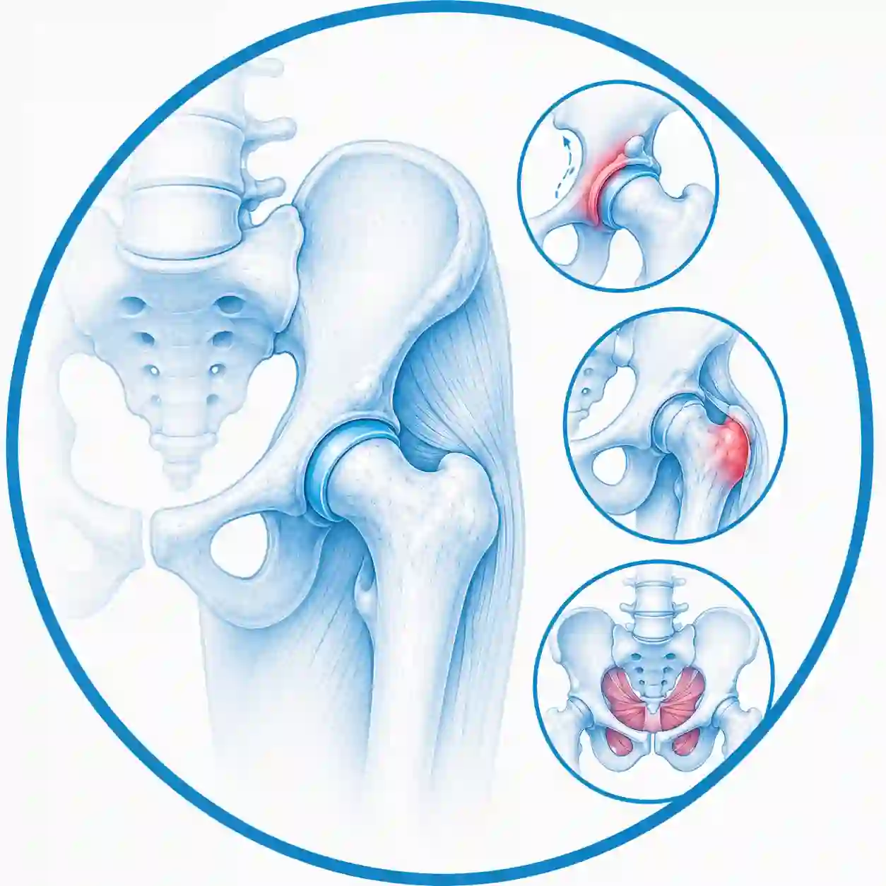 Ilustración anatómica de la cadera y la pelvis que muestra choque femoroacetabular, bursitis de cadera y fisioterapia del suelo pélvico.