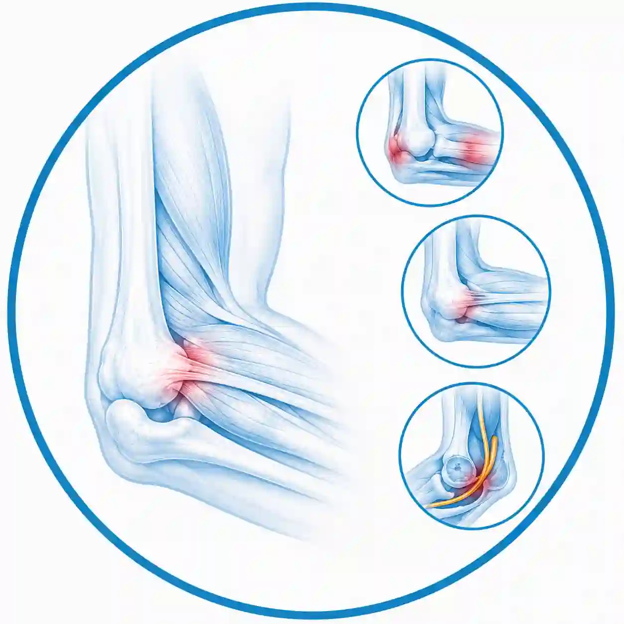 Ilustración anatómica del codo que muestra epicondilitis lateral y medial, tendinopatía crónica del epicóndilo y síndrome del túnel cubital.