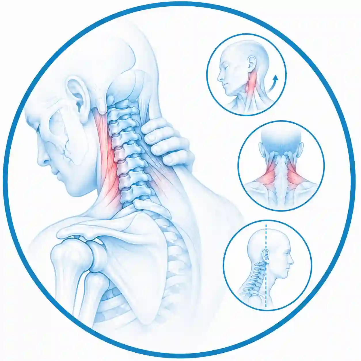 Ilustración anatómica de cuello y cervicales que muestra dolor cervical y tortícolis, contracturas cervicales crónicas y afecciones posturales cervicales.