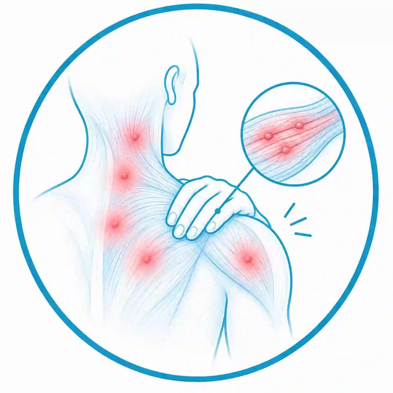Ilustración médica del dolor miofascial crónico con puntos gatillo musculares para explicar tratamientos de medicina regenerativa.