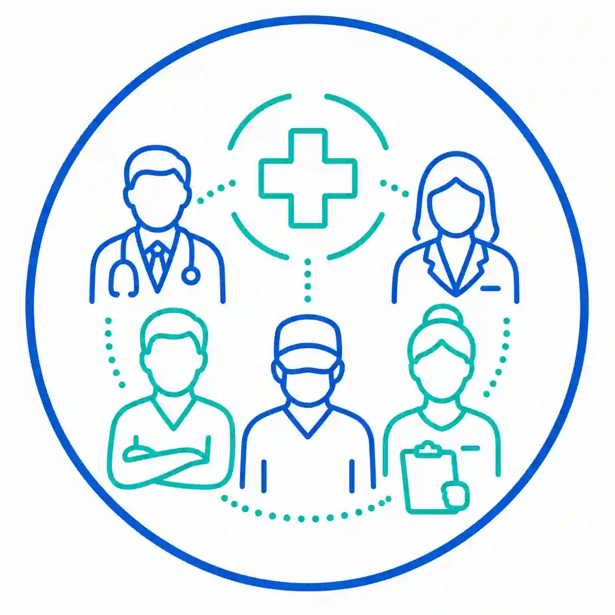 Ilustración vectorial de un equipo médico integrado formado por especialistas sanitarios conectados entre sí, representando una atención multidisciplinar y coordinada.