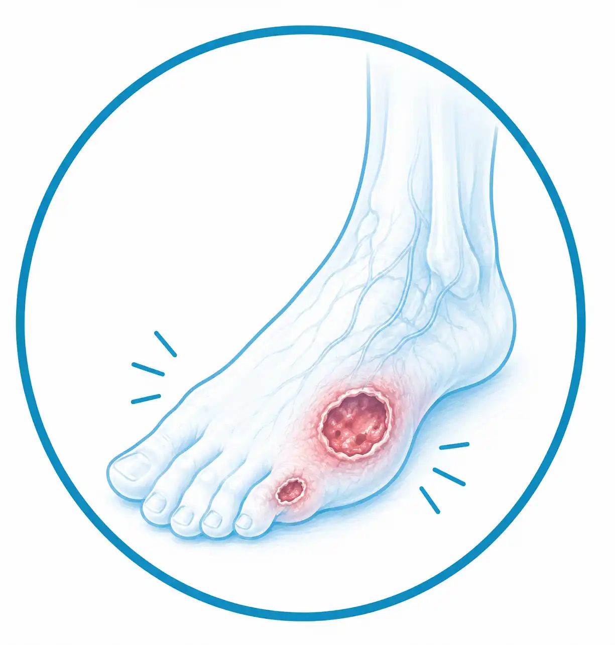 Heridas crónicas y pie diabético tratadas con oxigenoterapia hiperbárica en Palma de Mallorca, ilustración médica de úlceras en el pie diabético.
