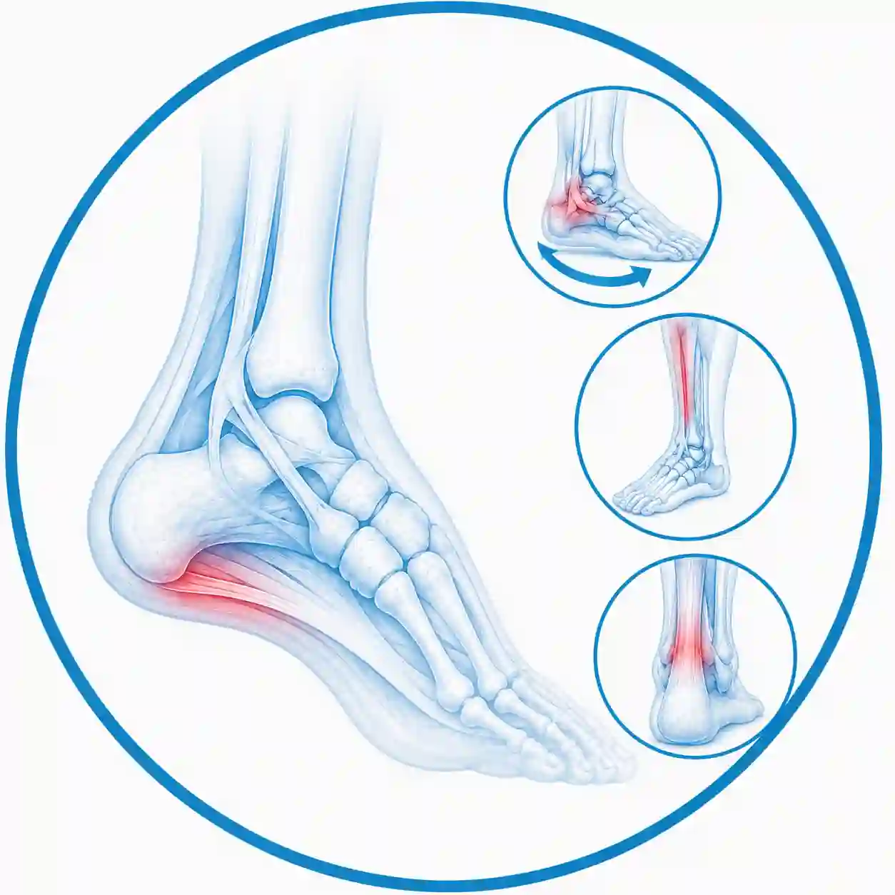 Ilustración anatómica del pie y tobillo que muestra fascitis plantar, esguinces e inestabilidad de tobillo, periostitis tibial y tendinopatía de Aquiles.