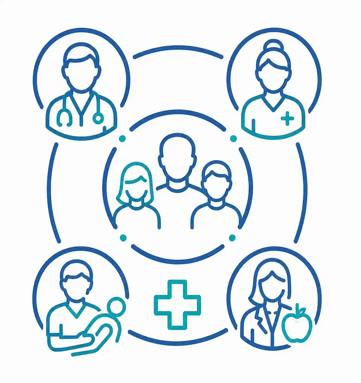 Ilustración de atención multidisciplinar para cámara hiperbárica en Mallorca, mostrando un equipo médico formado por médico, enfermera, fisioterapeuta y nutricionista alrededor del paciente.