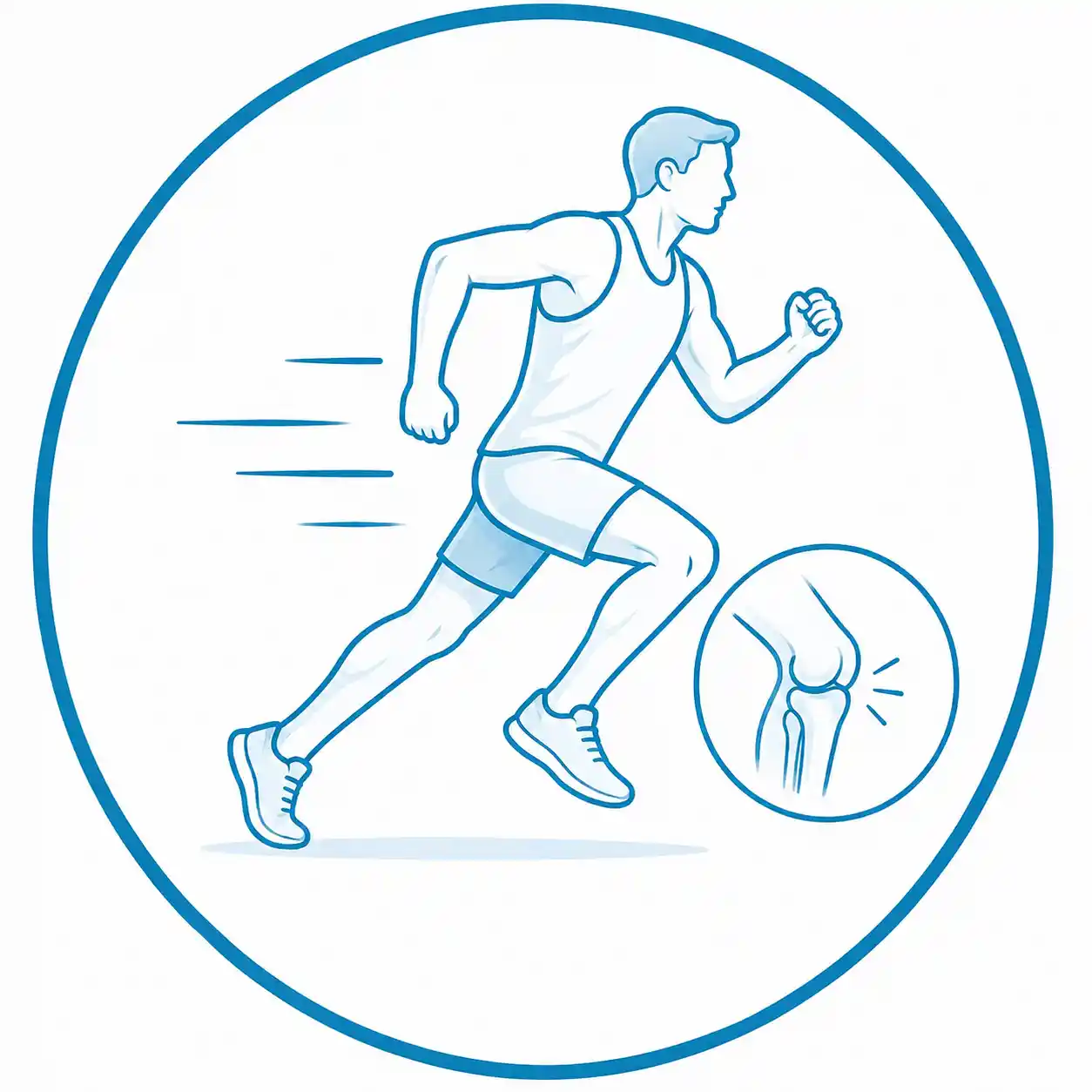 Ilustración de un corredor con enfoque en la articulación de la rodilla, representando recuperación deportiva con cámara hiperbárica en Mallorca.