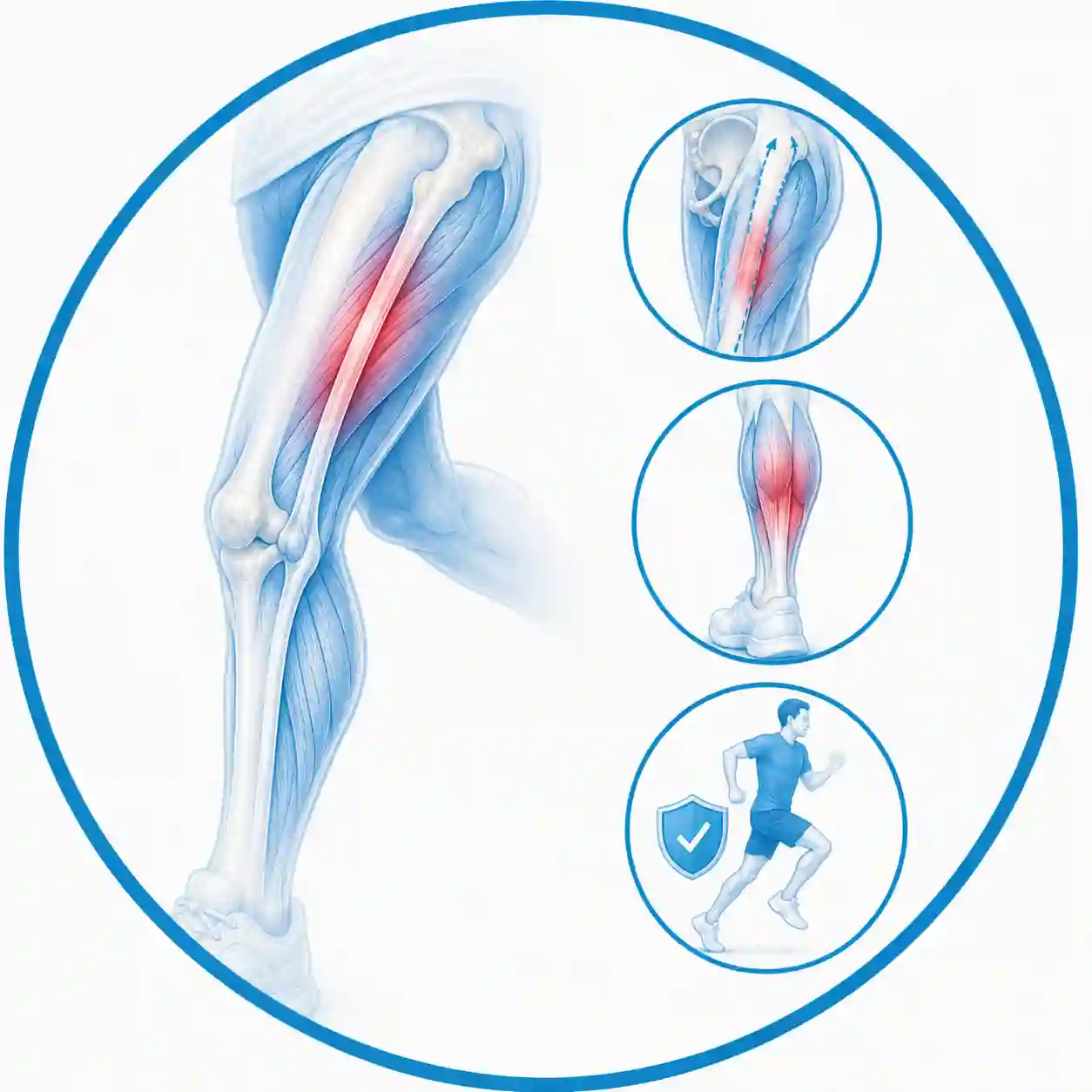 Ilustración anatómica de lesiones deportivas y musculares que muestra el síndrome de la cintilla iliotibial, lesiones musculares de la pantorrilla y prevención de lesiones en un centro de recuperacion deportiva.