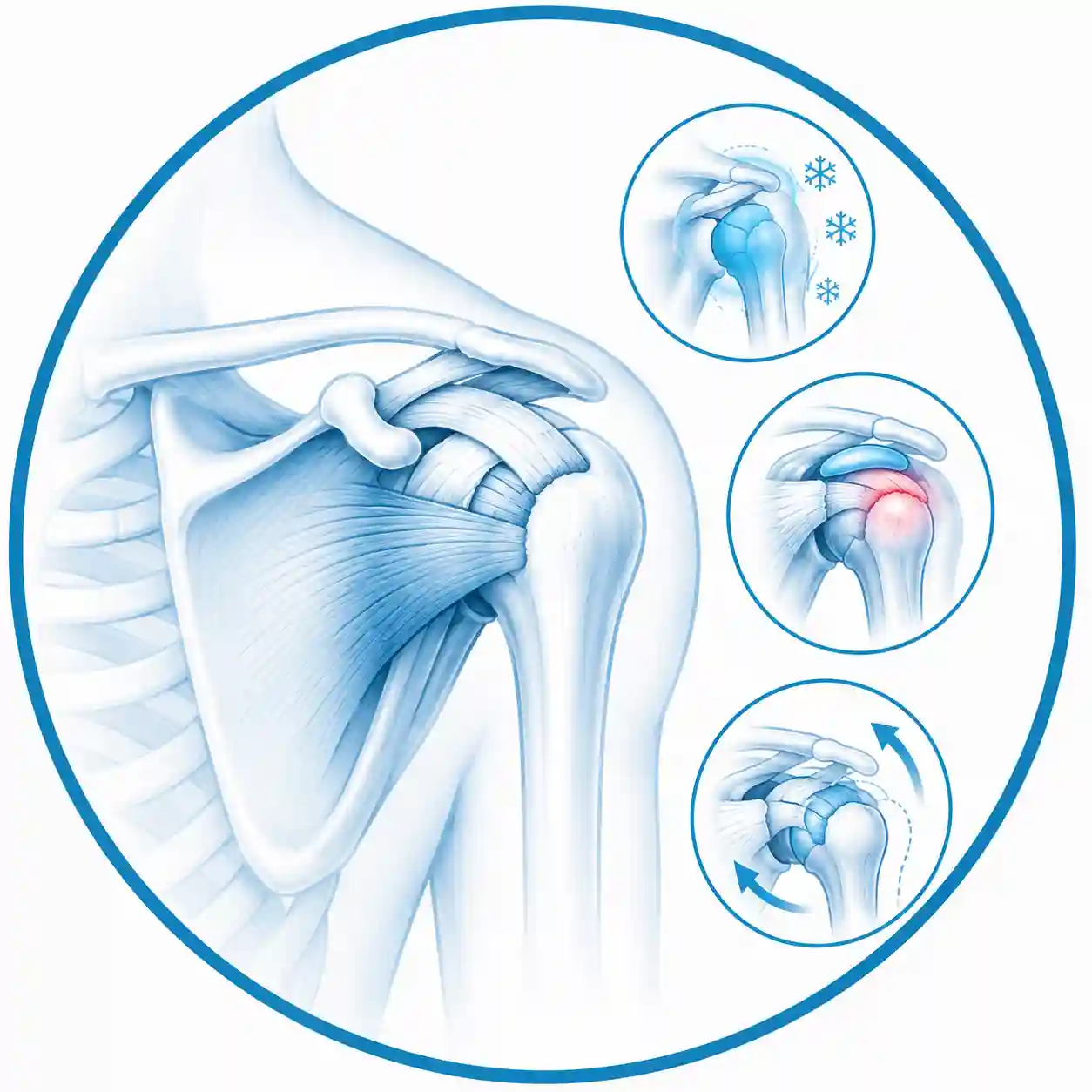 Ilustración anatómica del hombro que muestra hombro congelado fisioterapia, lesiones del manguito rotador, bursitis subacromial e inestabilidad del hombro.