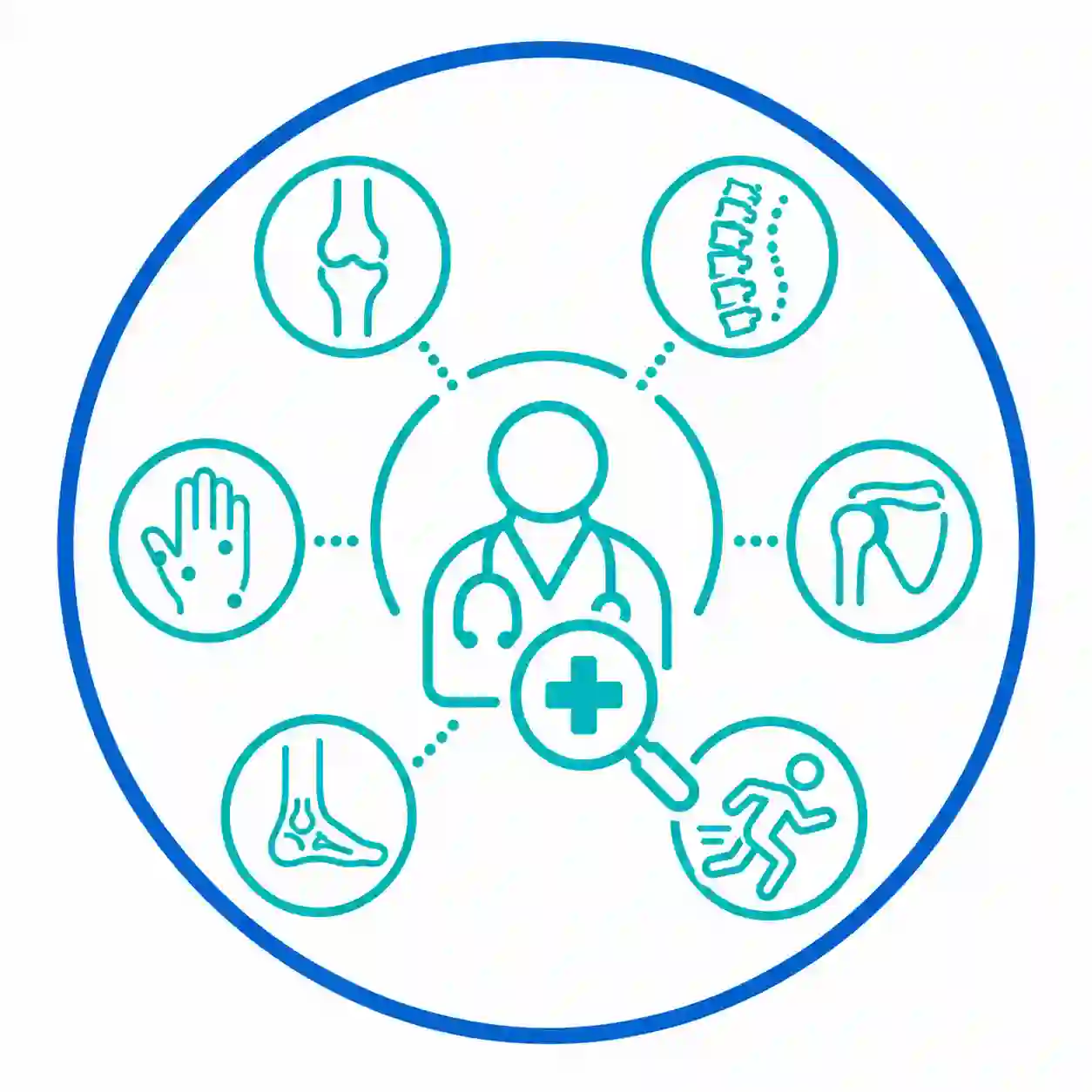 Ilustración vectorial que representa la profundidad clínica subespecializada mediante un especialista conectado con diferentes áreas del aparato musculoesquelético y un enfoque de diagnóstico avanzado.
