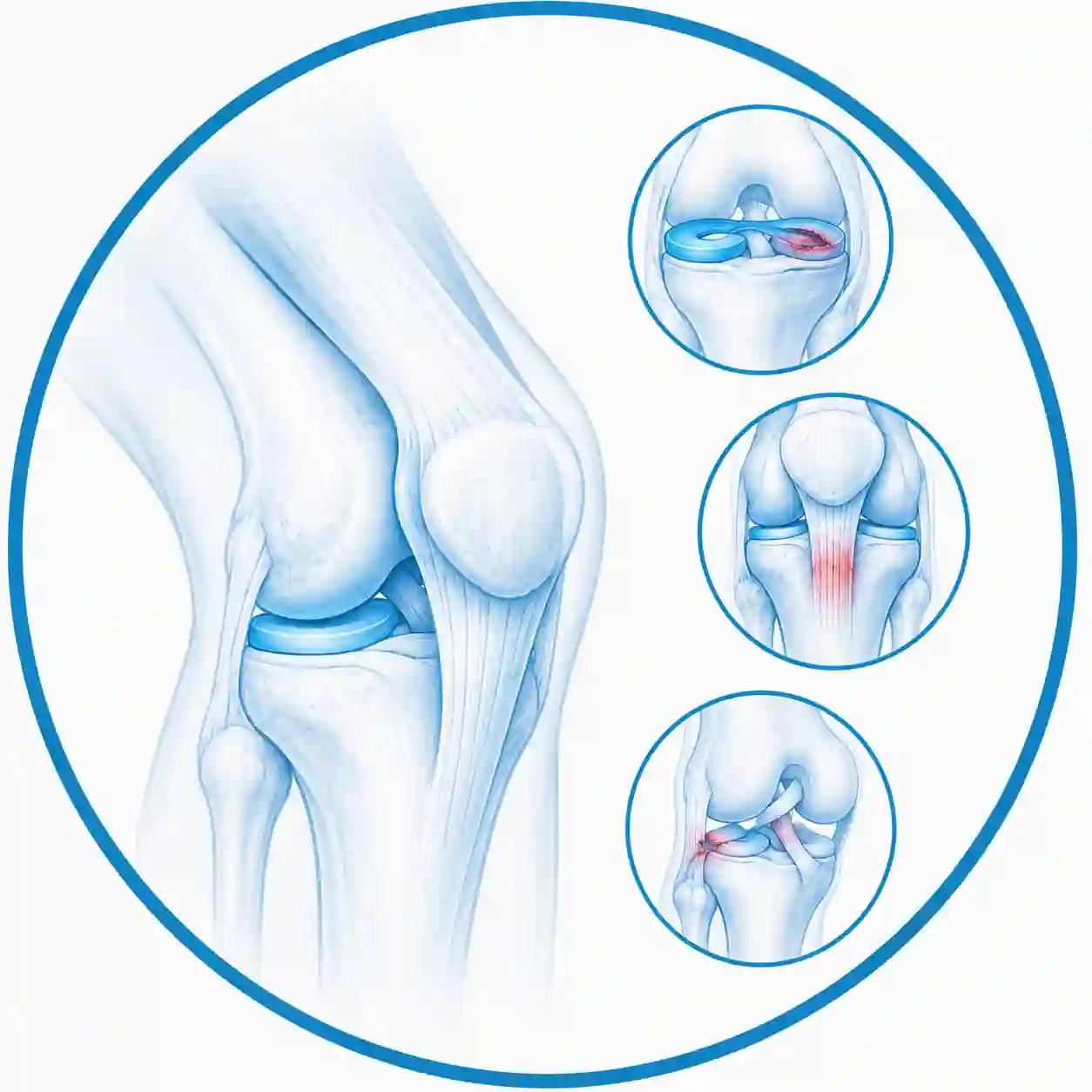 Ilustración anatómica de la rodilla que muestra lesiones de menisco, tendinopatía rotuliana y lesiones de los ligamentos (LCA, LCP, LCM y LCL).